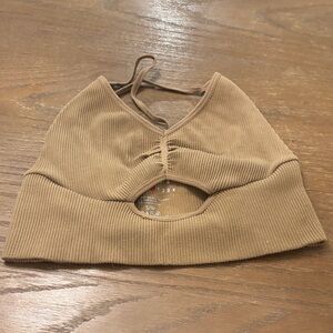 Tan Ribbed Crop Top with Cut-Out Design